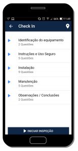 Tela do app de inspeção - selecionar seções do checklist