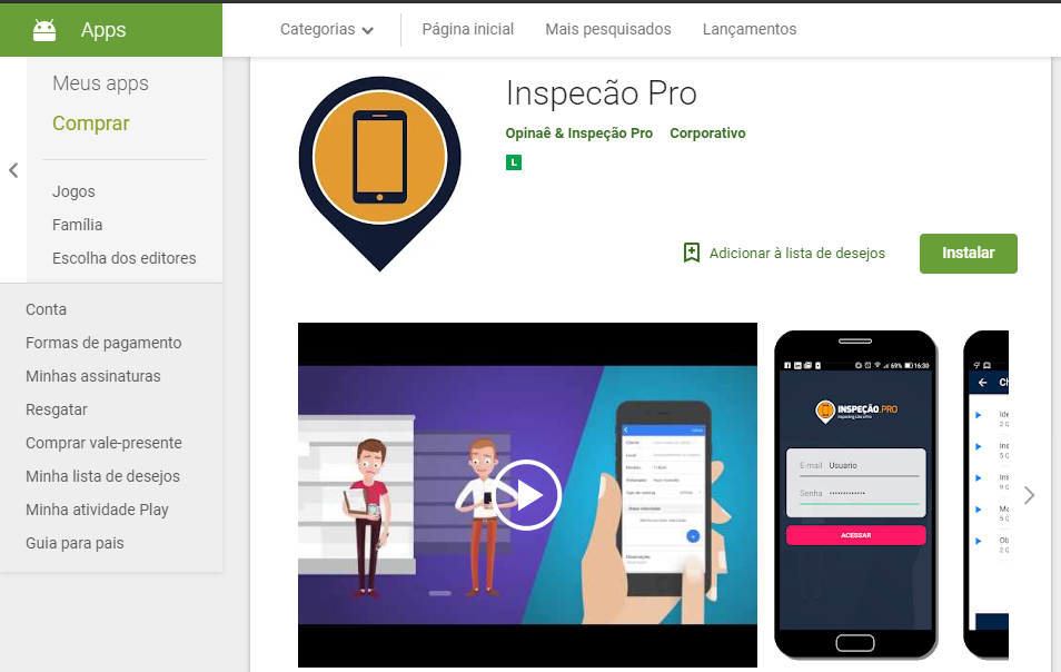 Como baixar o Inspeção Pro na Play Store