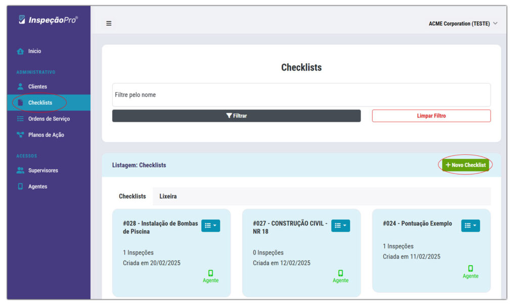 Página de criação de checklists